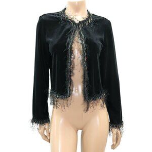 Ronni Nicole Black Velvet Eyelash Trim Beaded Shaggy Bolero Shrug Jacket M